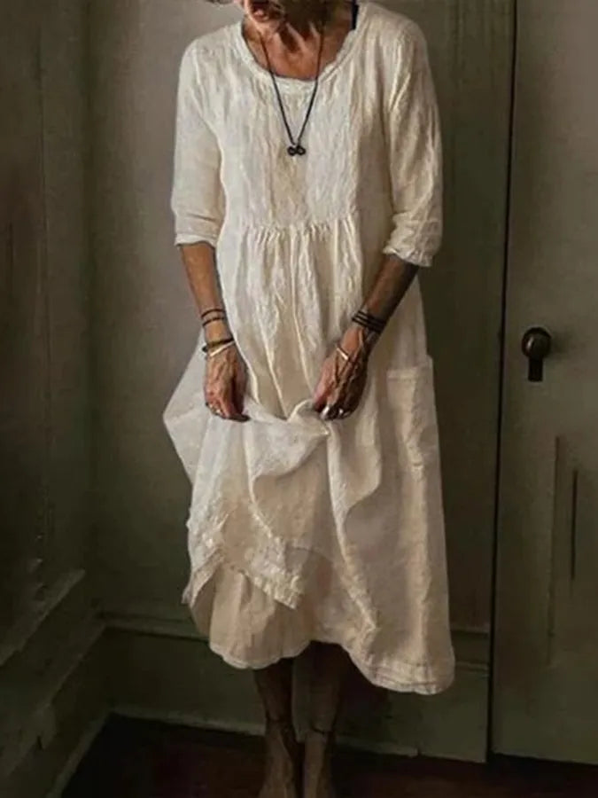 Aurinda | Women's Round Neck 3/4 Sleeve Midi Dress