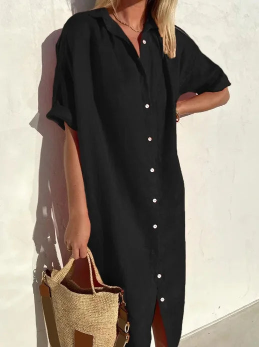 Blythe | Women's Collared Short Sleeve Midi Shirt Dress