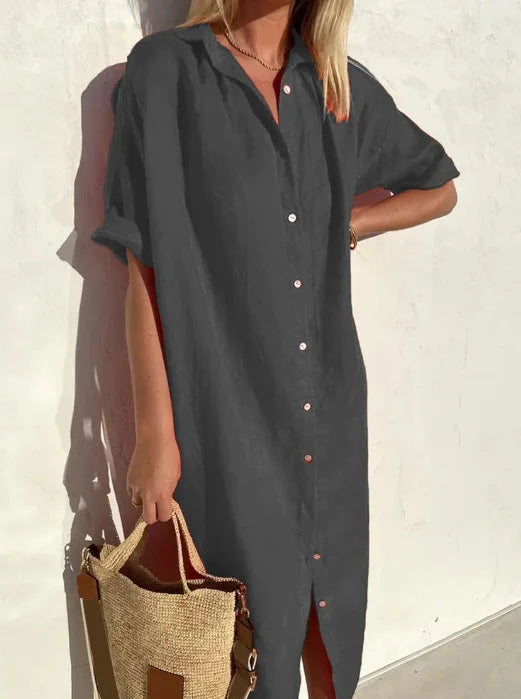 Blythe | Women's Collared Short Sleeve Midi Shirt Dress