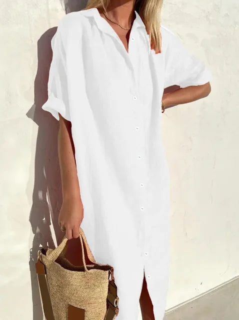 Blythe | Women's Collared Short Sleeve Midi Shirt Dress