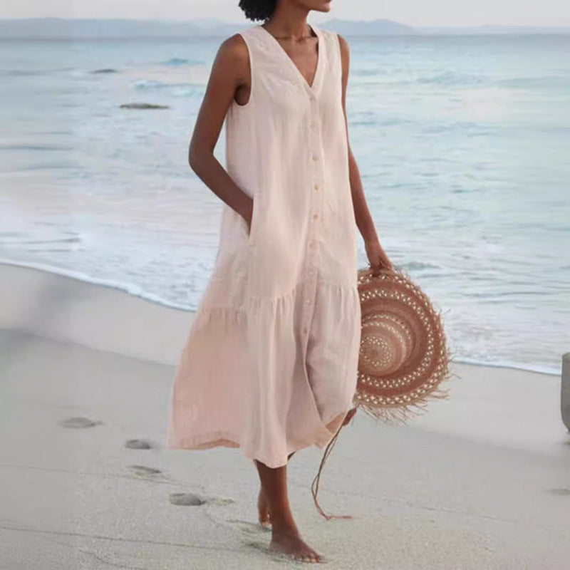 Calinda | Women's Sleeveless Button Front Midi Dress