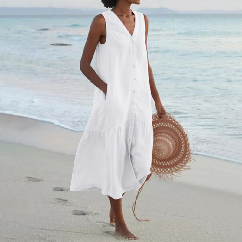 Calinda | Women's Sleeveless Button Front Midi Dress