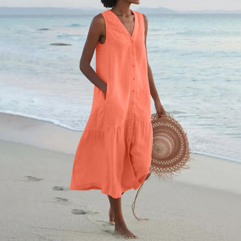 Calinda | Women's Sleeveless Button Front Midi Dress