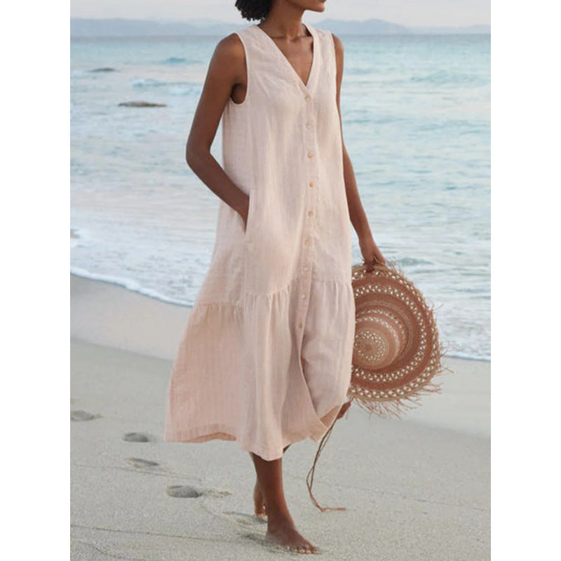 Calinda | Women's Sleeveless Button Front Midi Dress
