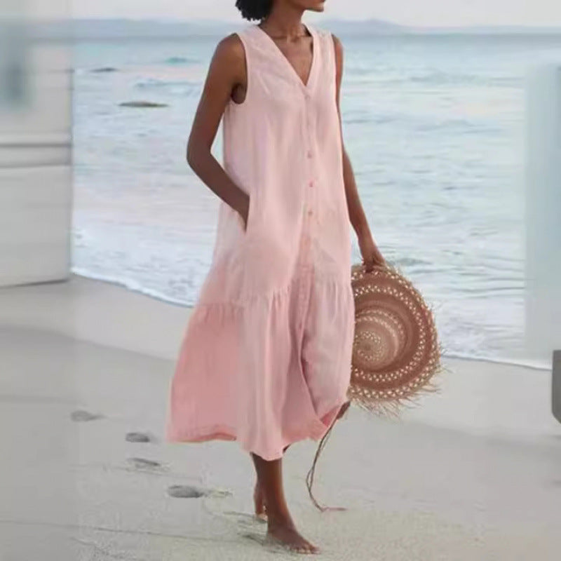 Calinda | Women's Sleeveless Button Front Midi Dress