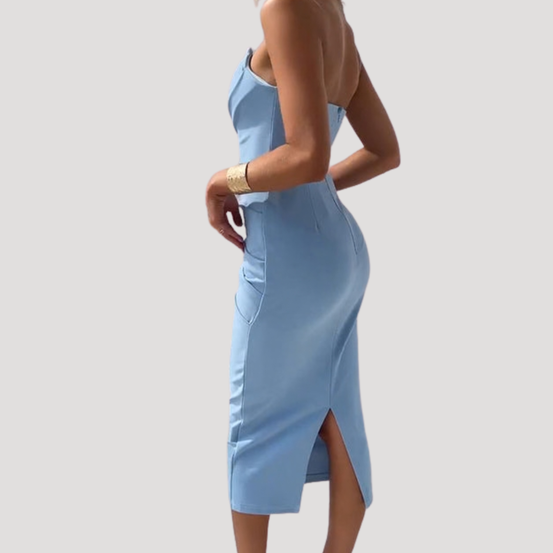 Celeste | Women's Strapless Ruched Bodycon Midi Dress