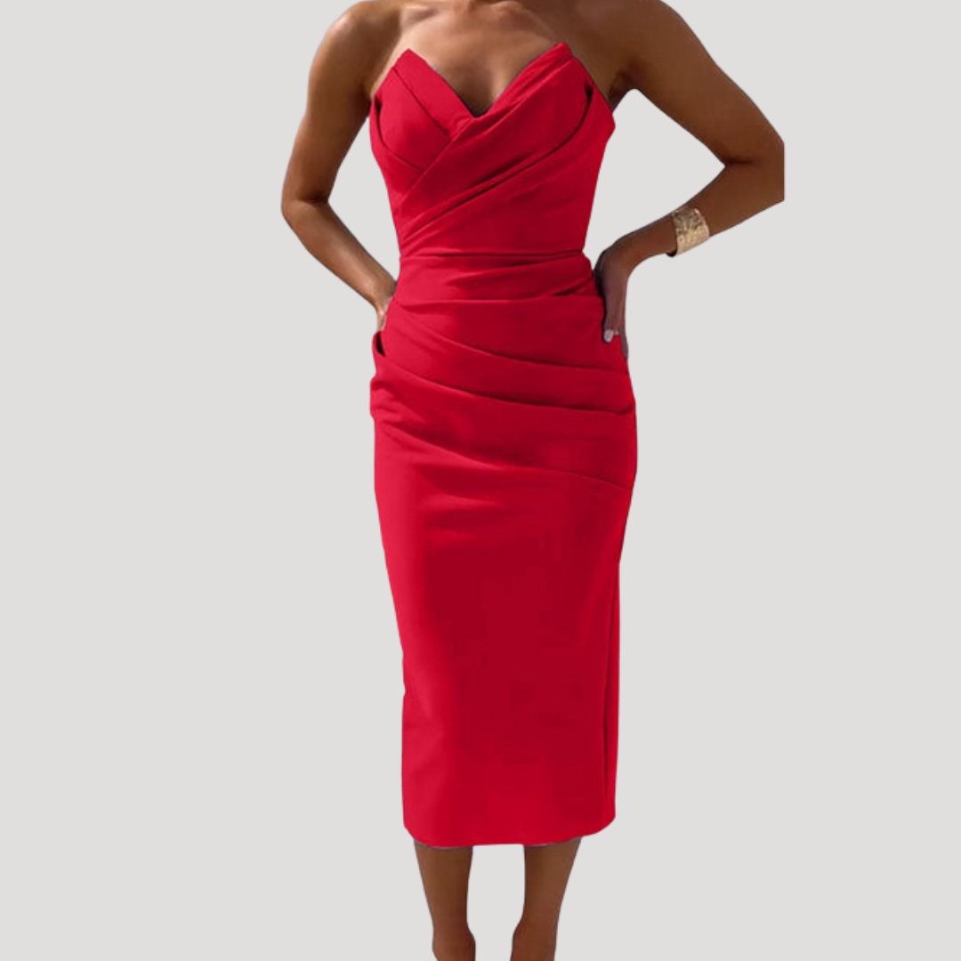 Celeste | Women's Strapless Ruched Bodycon Midi Dress