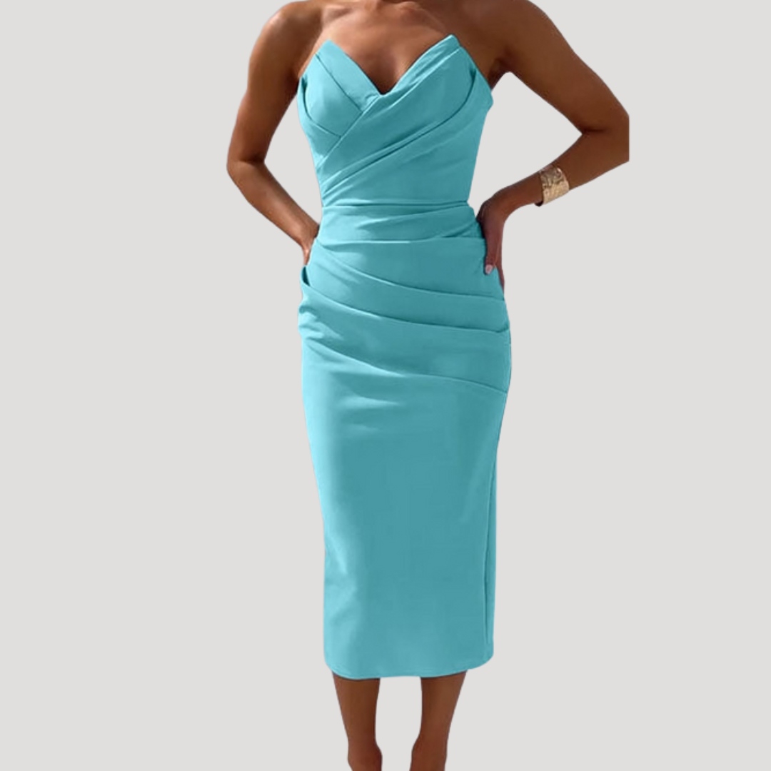 Celeste | Women's Strapless Ruched Bodycon Midi Dress