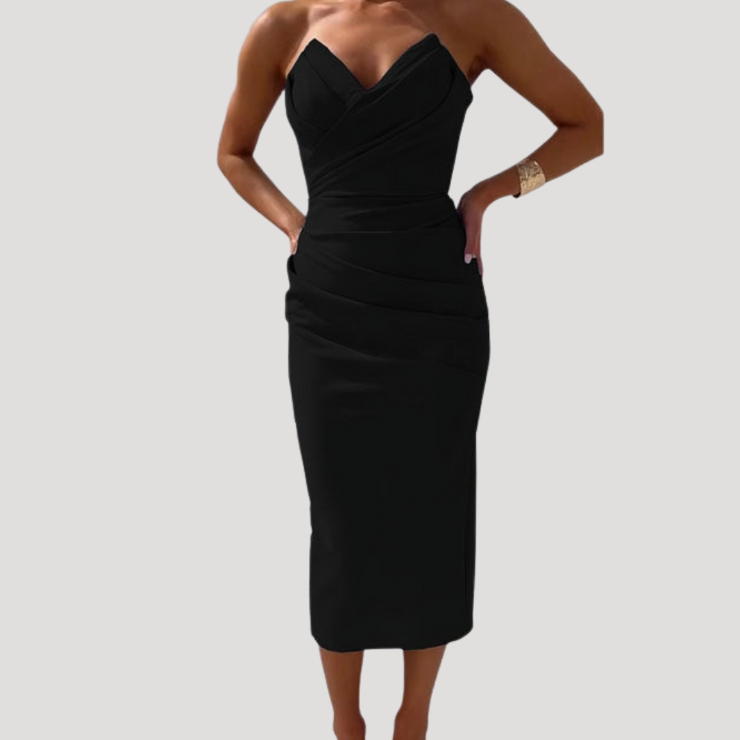 Celeste | Women's Strapless Ruched Bodycon Midi Dress