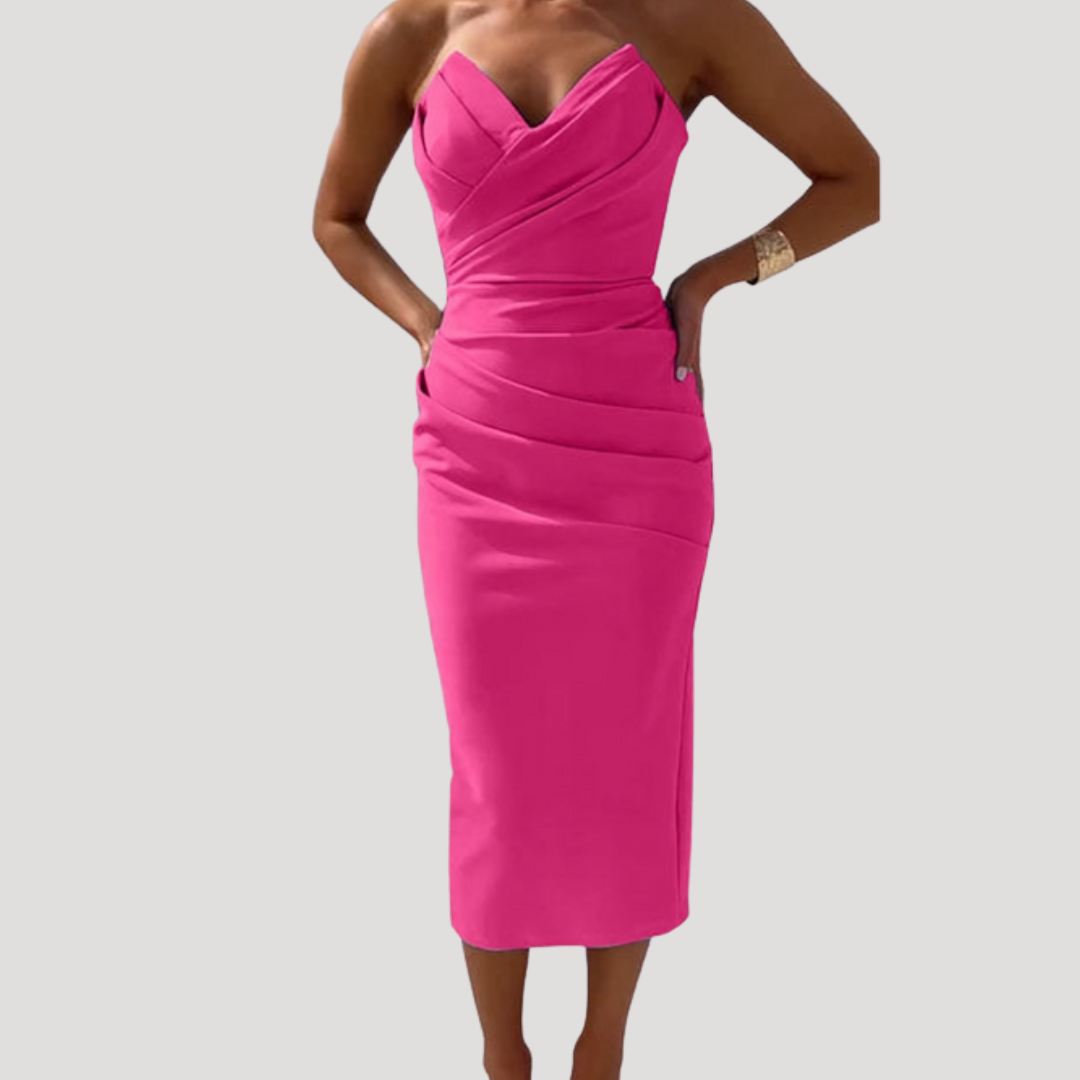 Celeste | Women's Strapless Ruched Bodycon Midi Dress