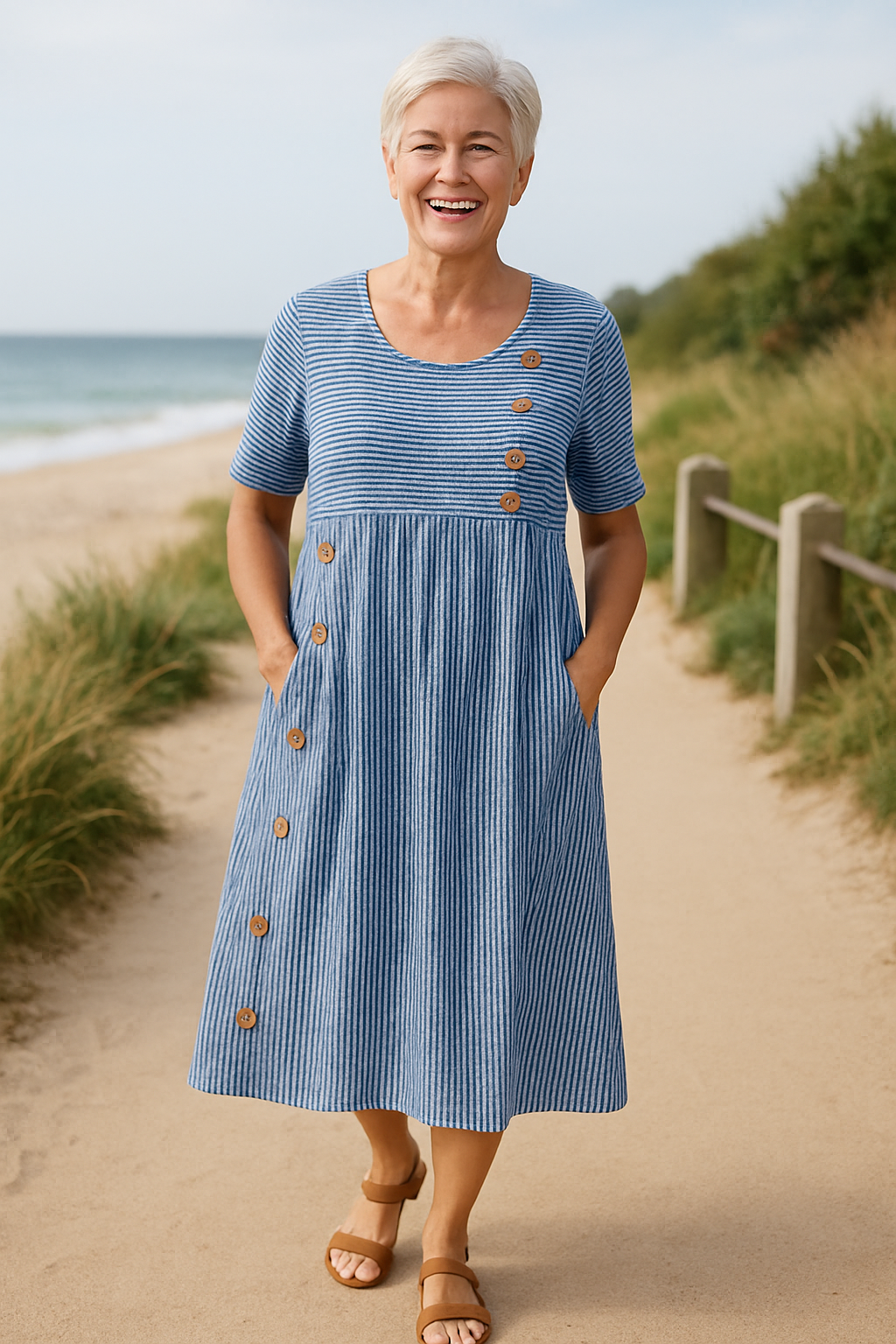 Iris | Women's Striped Short Sleeve Midi Dress with Buttons