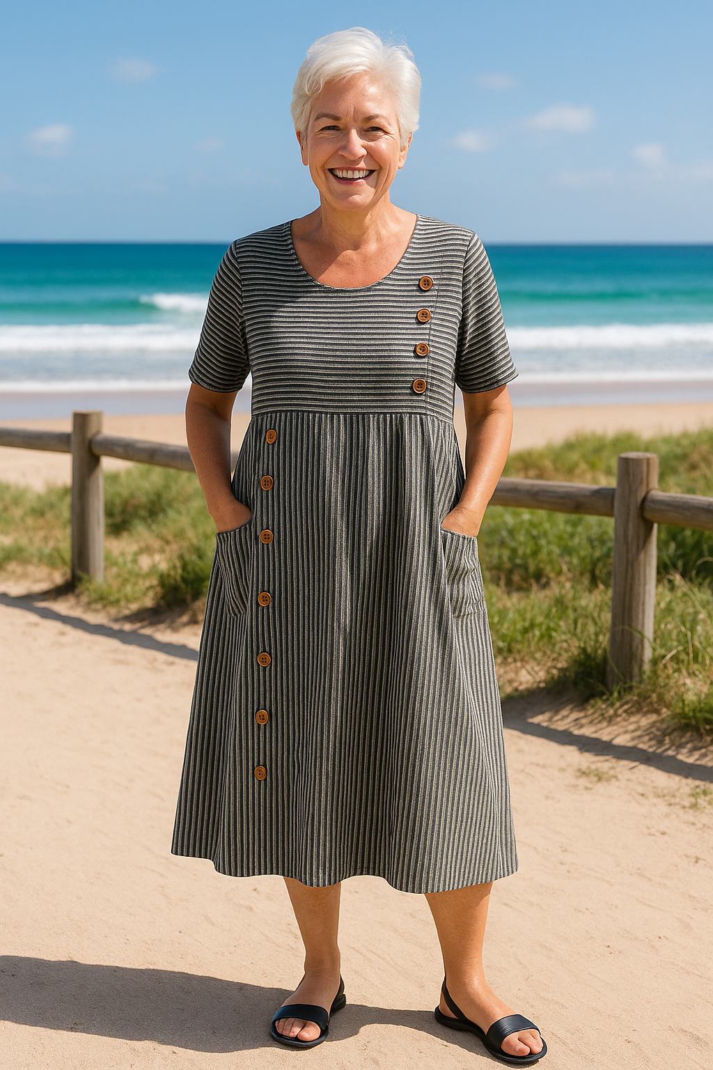 Iris | Women's Striped Short Sleeve Midi Dress with Buttons