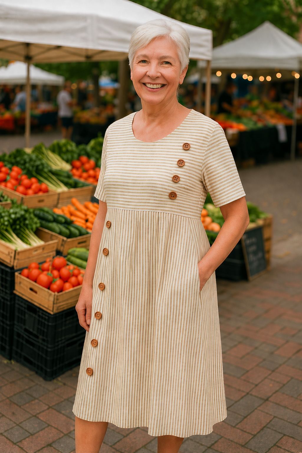 Iris | Women's Striped Short Sleeve Midi Dress with Buttons