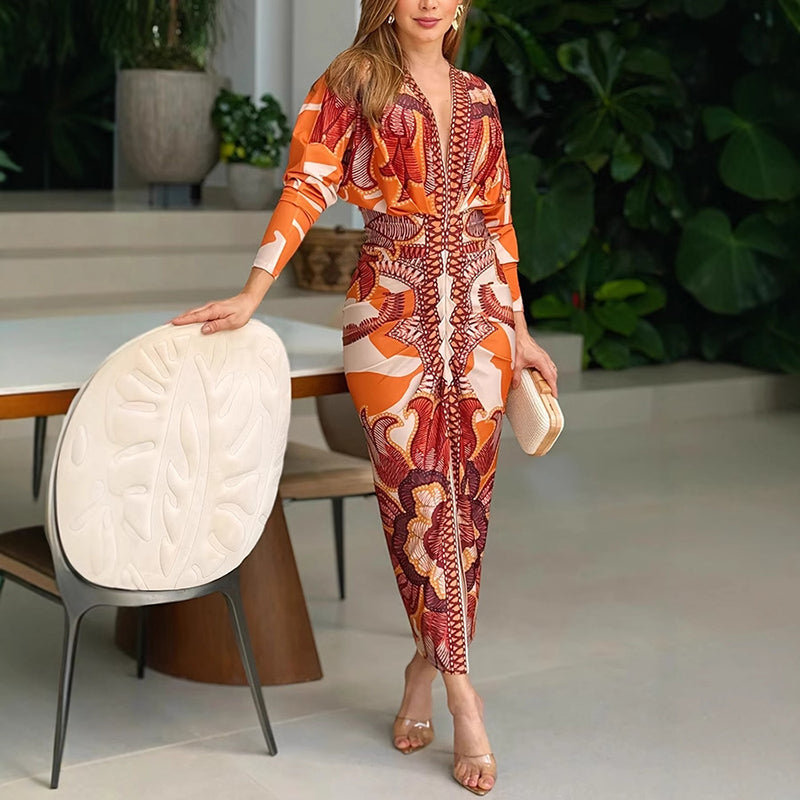 Narcissa | Women's Printed V-Neck Bodycon Midi Dress