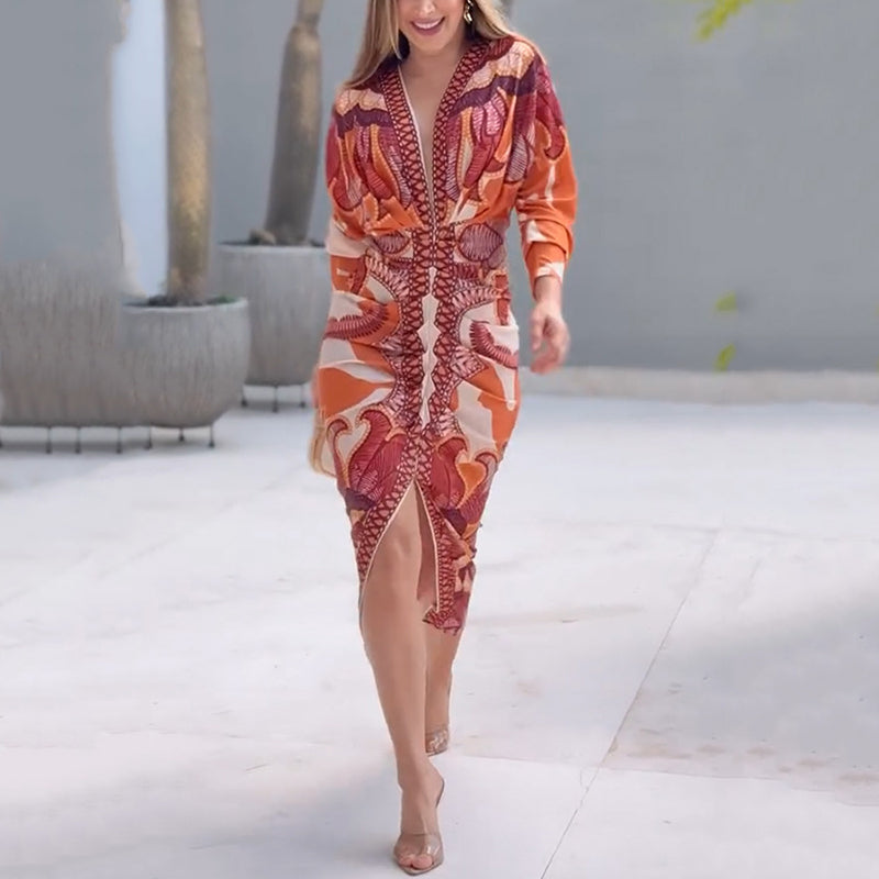 Narcissa | Women's Printed V-Neck Bodycon Midi Dress