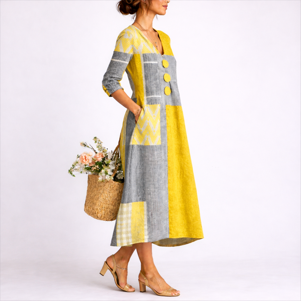 Octaviana | Women's V-Neck Patchwork Midi Dress