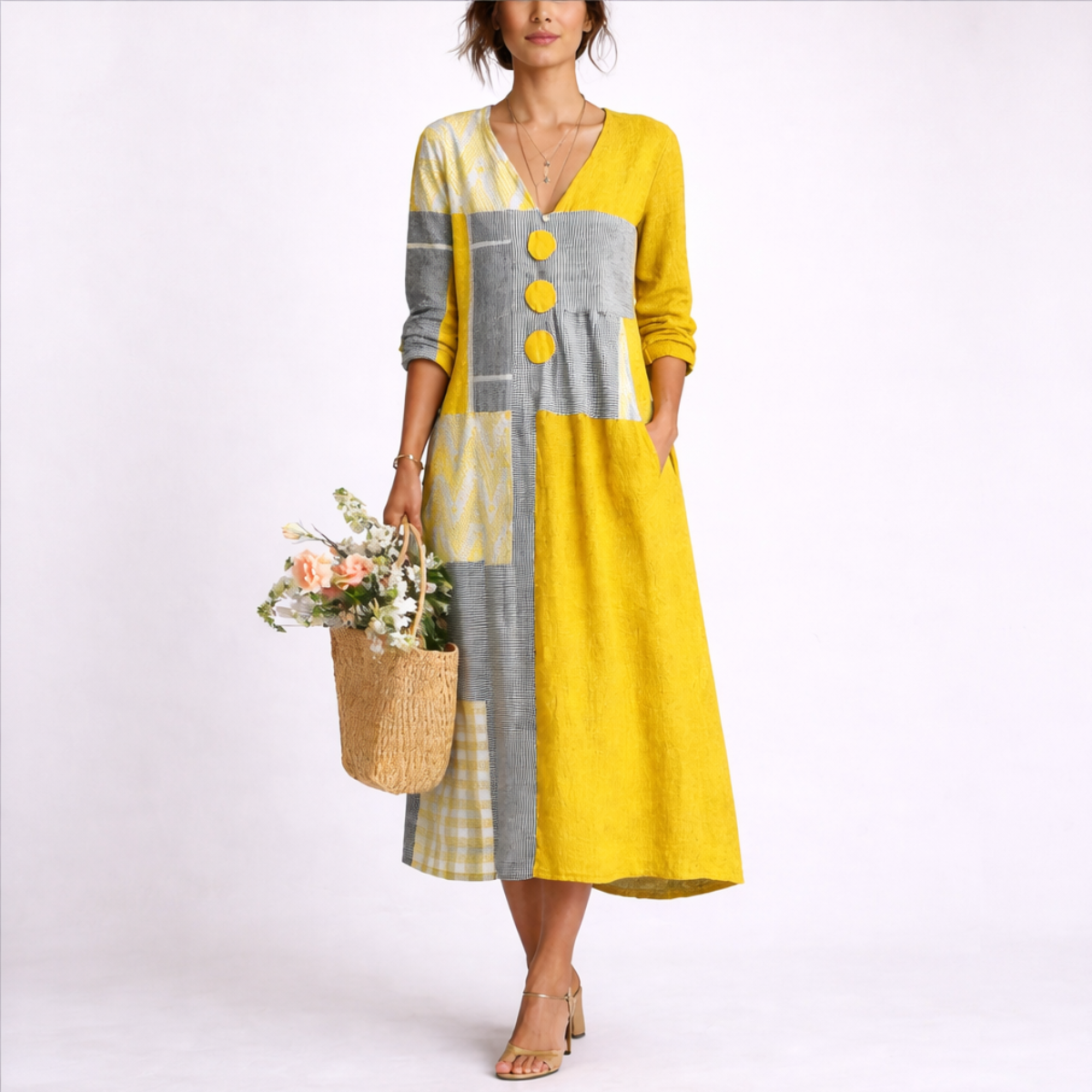 Priscilla | Women's Patchwork V-Neck Midi Dress