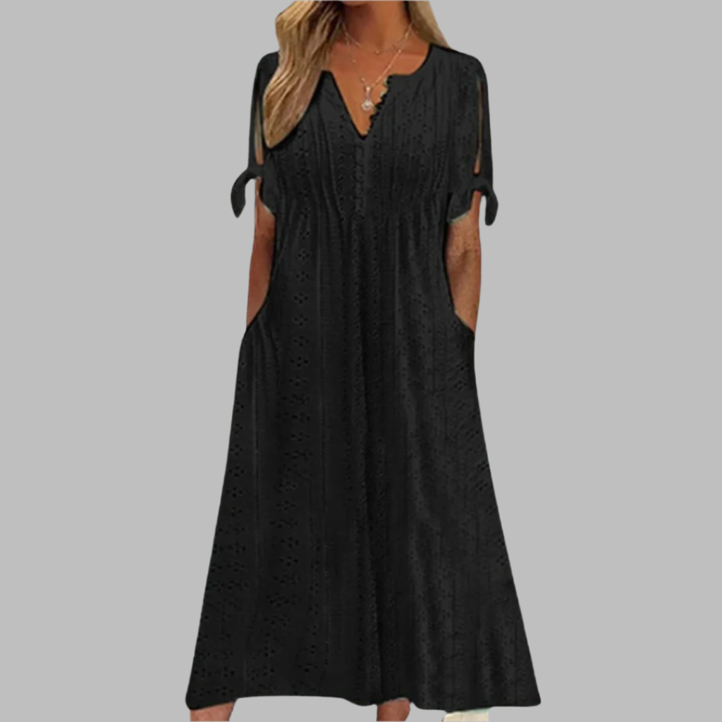 Willa | Women's Eyelet V-Neck Short Sleeve Midi Dress