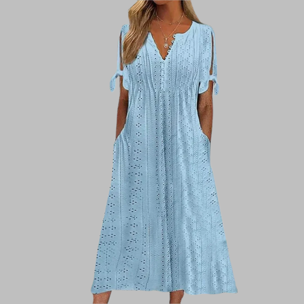 Willa | Women's Eyelet V-Neck Short Sleeve Midi Dress
