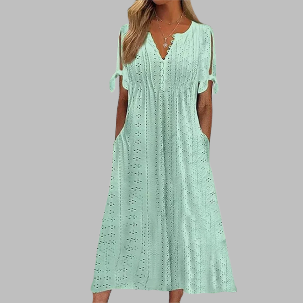 Willa | Women's Eyelet V-Neck Short Sleeve Midi Dress