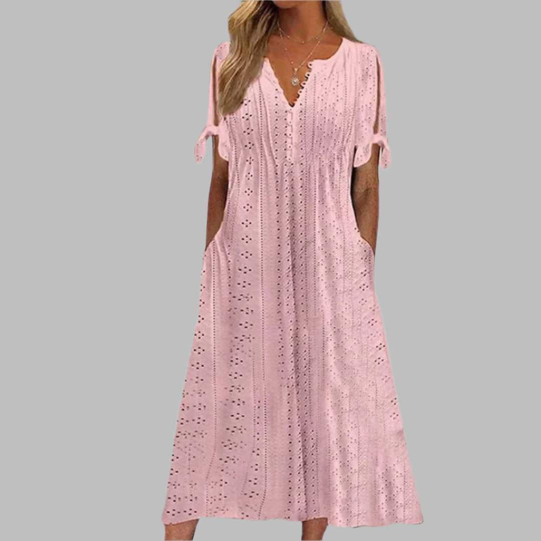 Willa | Women's Eyelet V-Neck Short Sleeve Midi Dress
