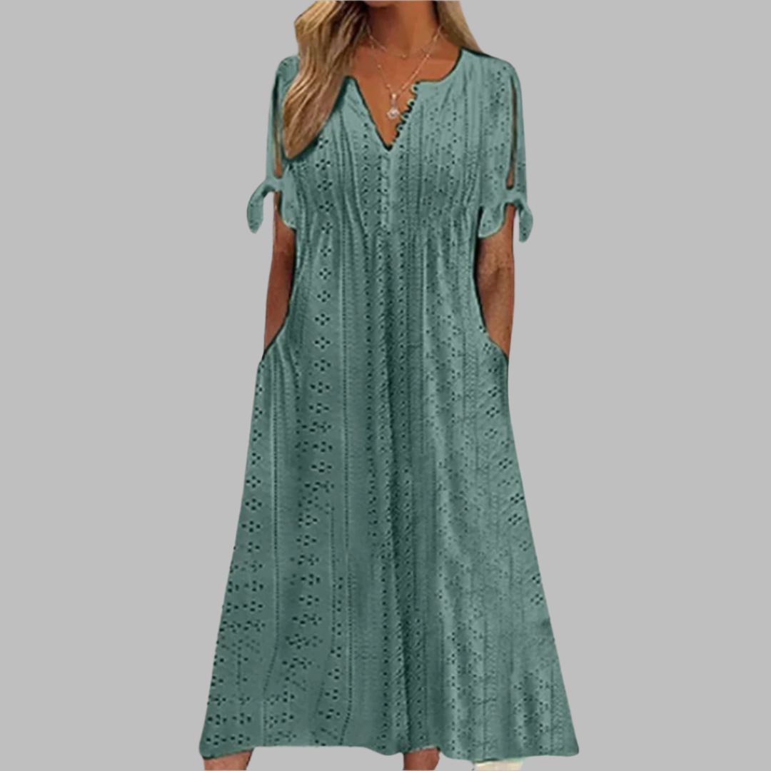 Willa | Women's Eyelet V-Neck Short Sleeve Midi Dress